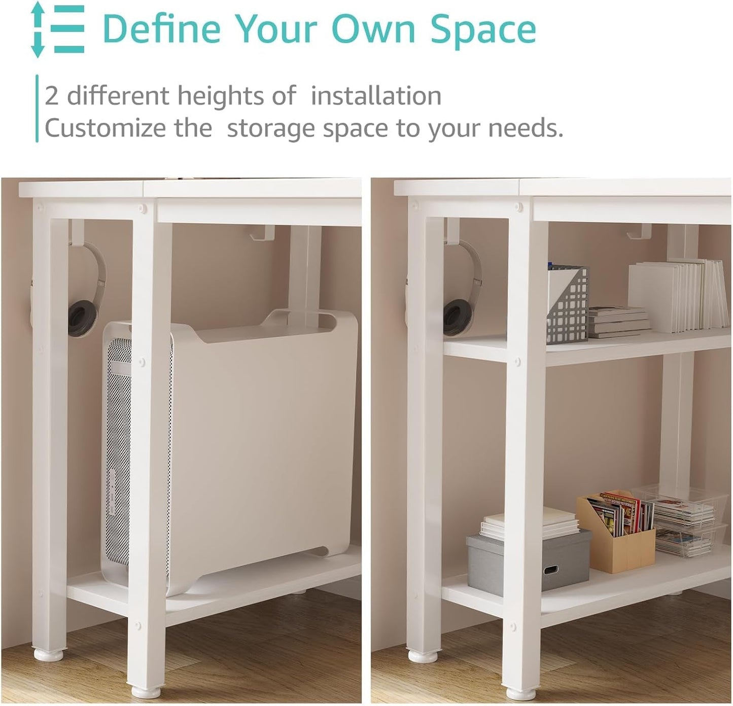 55 Inch White Computer Desk With Fabric Drawers And Storage