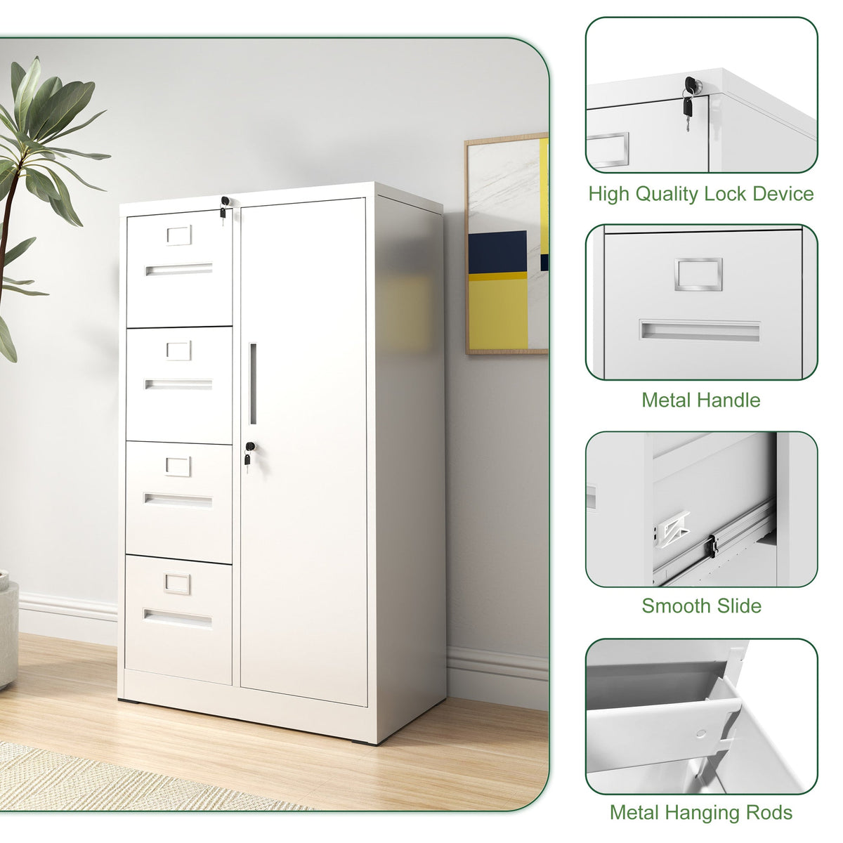 Metal Storage Vertical Filing Cabinet with Lock - White