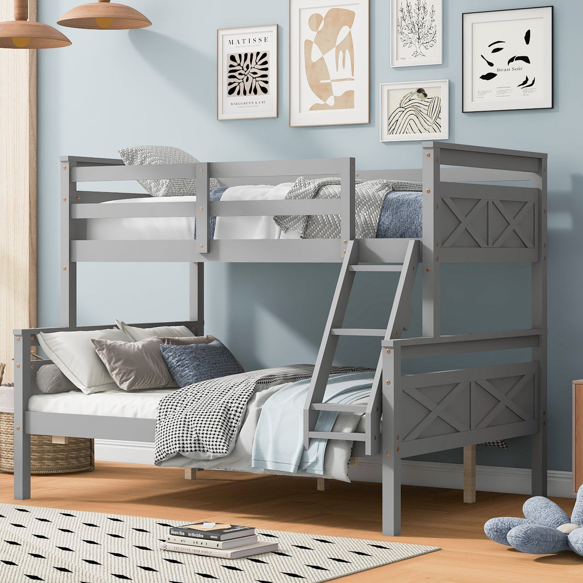 Twin Over Full Bunk Bed with Ladder, Safety Guardrail