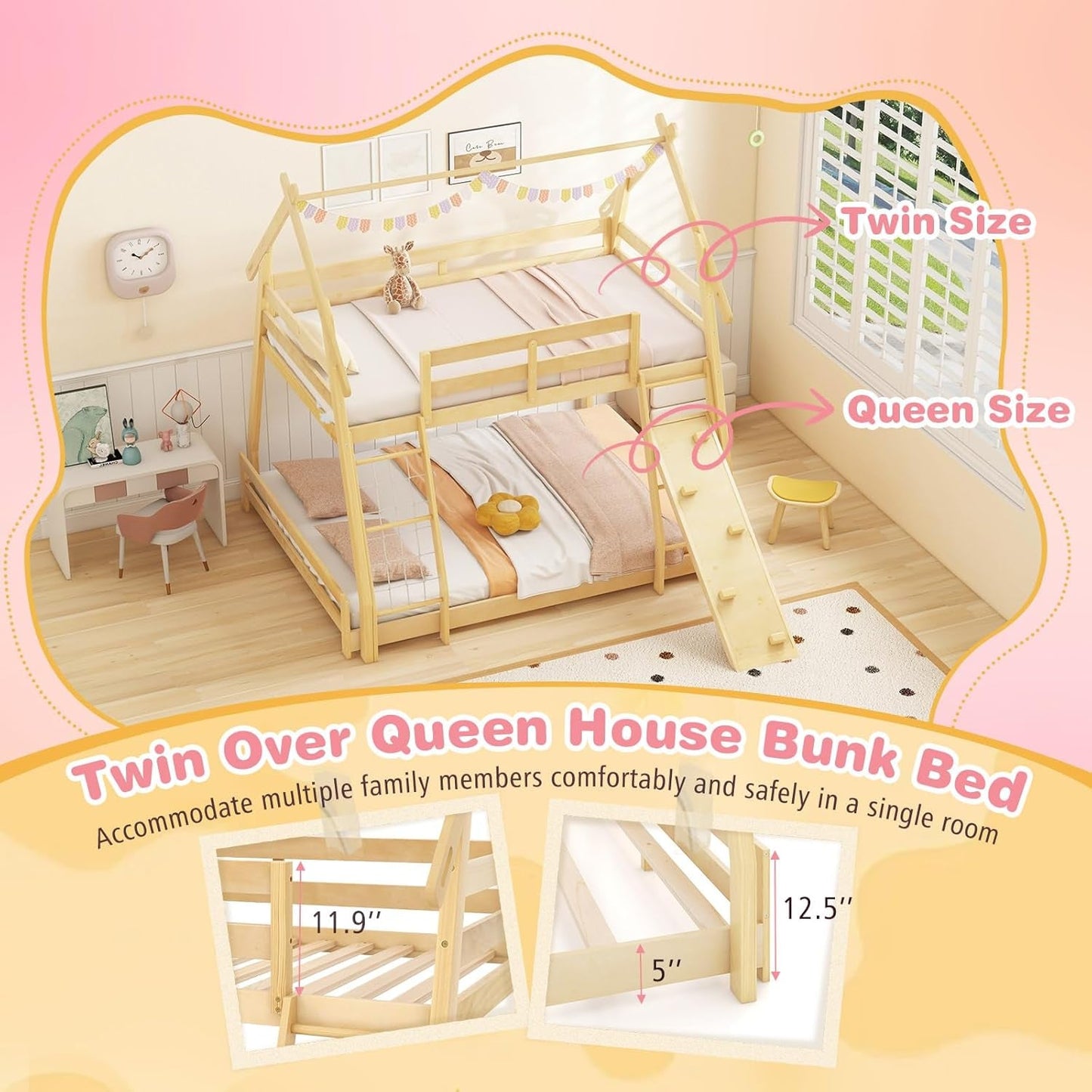 Twin Over Queen Bunk Bed With Climbing Nets Ramp Natural