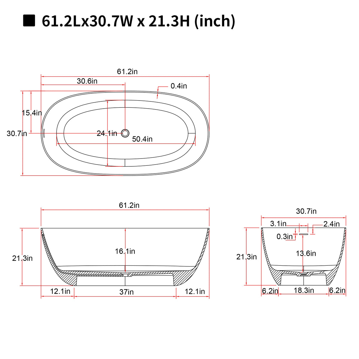 61'' Freestanding Bathtub Resin Stone Soaking Bathtub