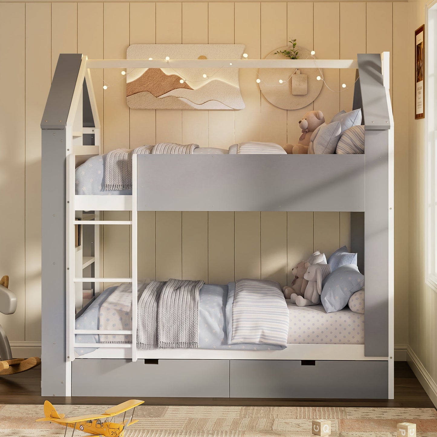Full Size Bunk Bed with Storage Drawers & Shelves
