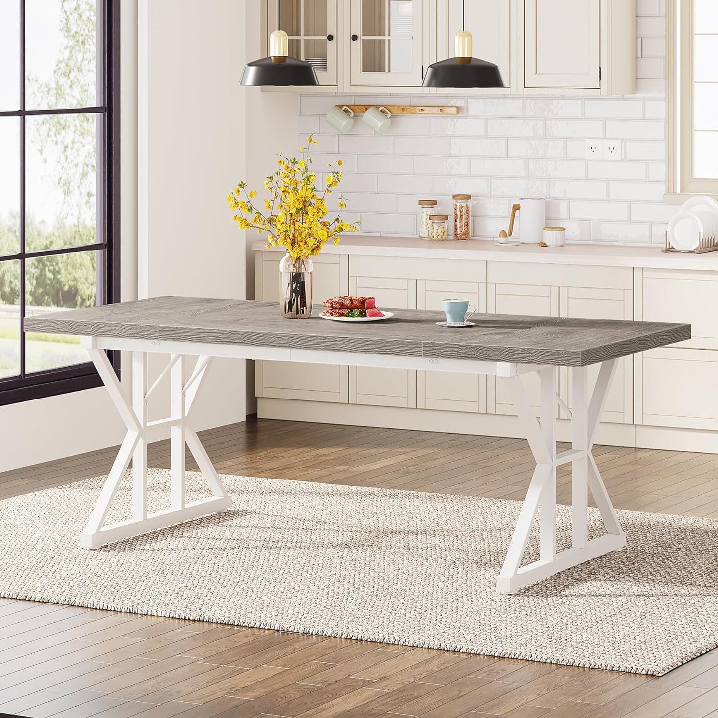 Farmhouse 6 Person Dining Table 70.8 Inch Grey Wood Table