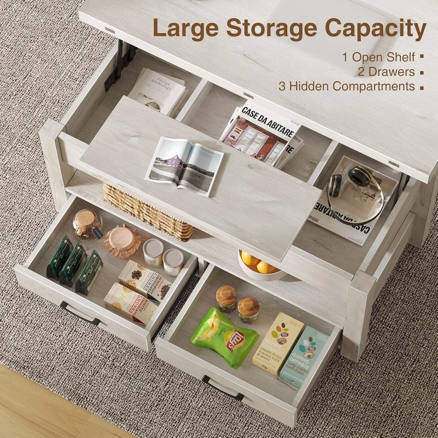 Grey Lift Top Coffee Table With Drawers Hidden Compartment