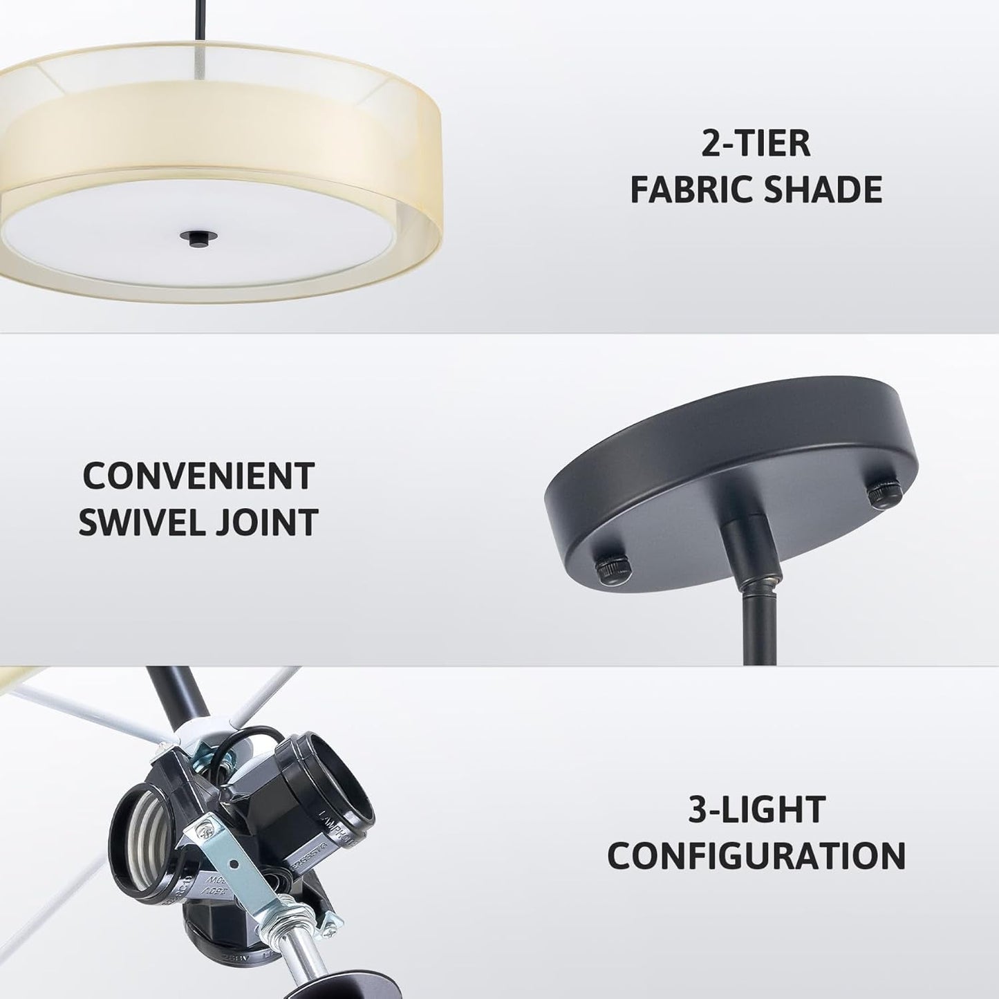 20 Inch Black Drum Pendant Light With Fabric Shade Three Light Matte Finish For Living Room