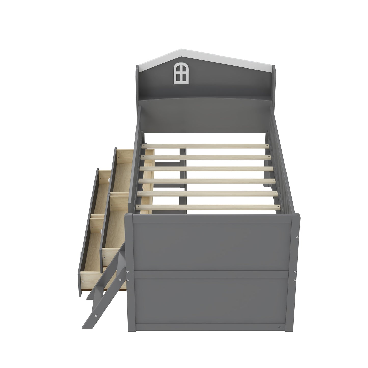 Twin Bed Frame with Storage 4 Drawers,Wooden Bed Frame for Kids,Platform Twin Size Bed with Guardrail Headboard and Ladder, No Box Spring Needed, Easy Assembly, Gray