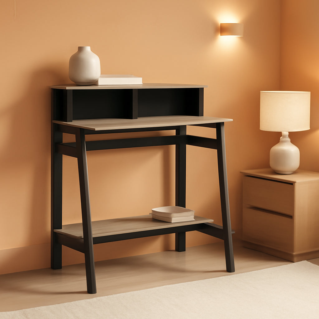 A Frame Computer Desk With Hutch In Black And Oak Grey