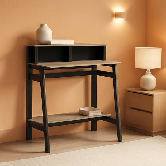 A Frame Computer Desk With Hutch In Black And Oak Grey