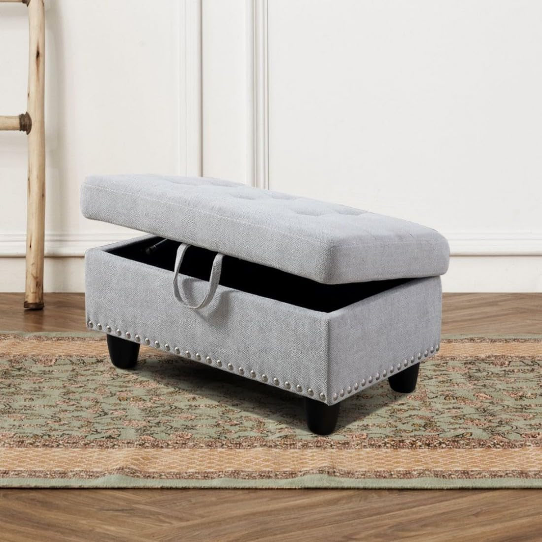 Grey White Flannel L Shaped Sectional Sofa With Ottoman