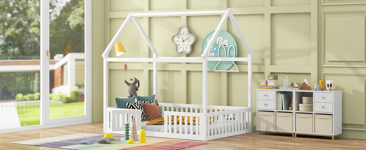 Full Size Wood House Bed with Fence and Door