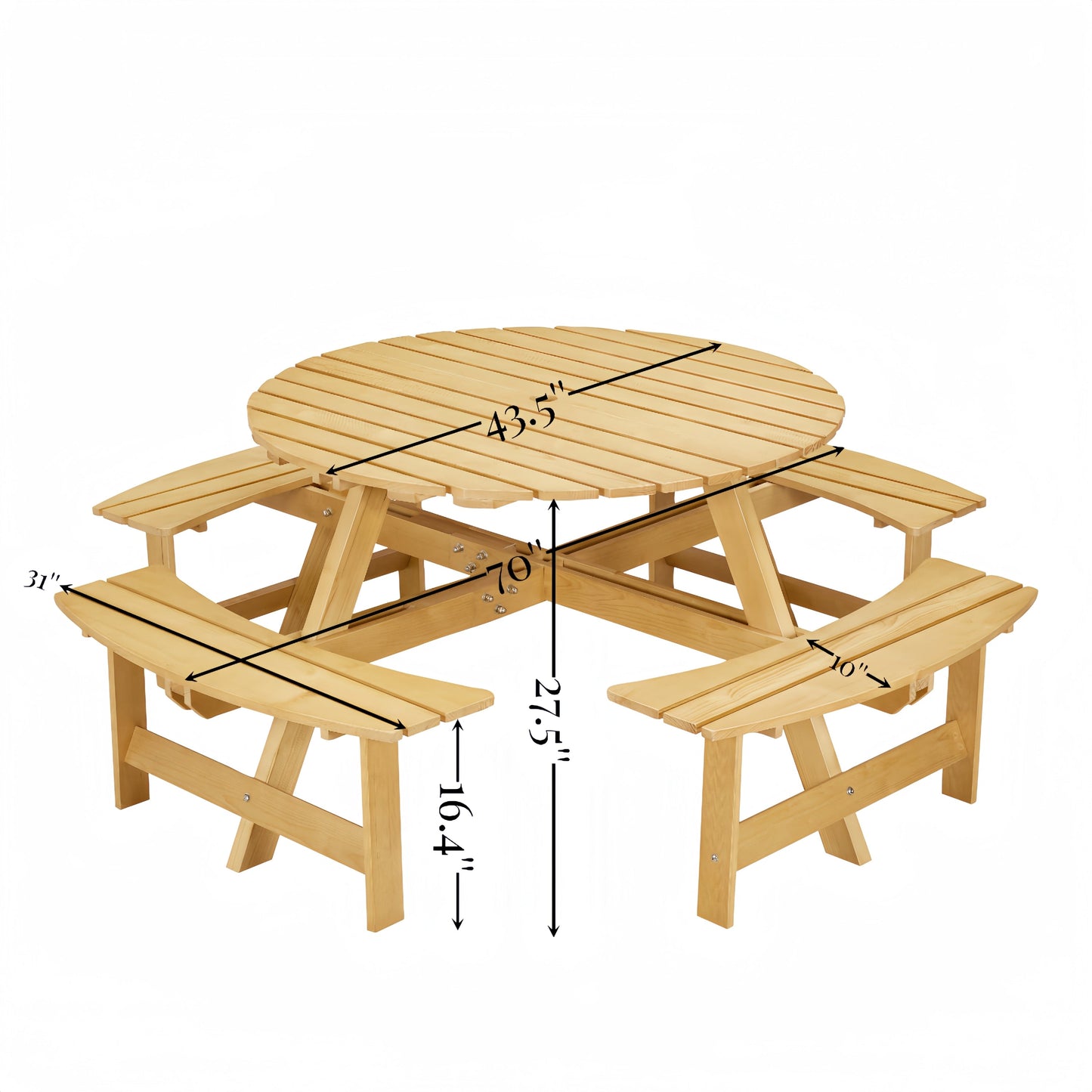 Outdoor 8 Person Picnic Table, 8 person Round Picnic Table with 4 Built-in Benches, Umbrella Hole, Outside Table and Bench Set for Garden, Backyard, Porch, Patio,  Natural