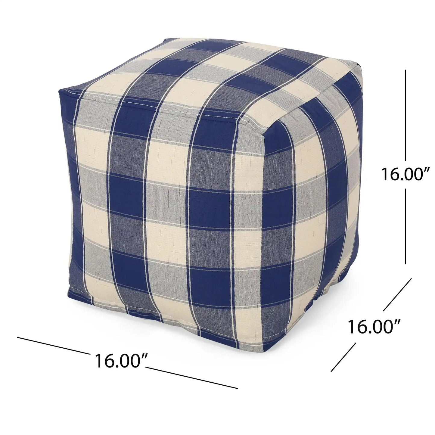Connor Checkered Square Pouf Ottoman and Floor Cushion Ivory Navy