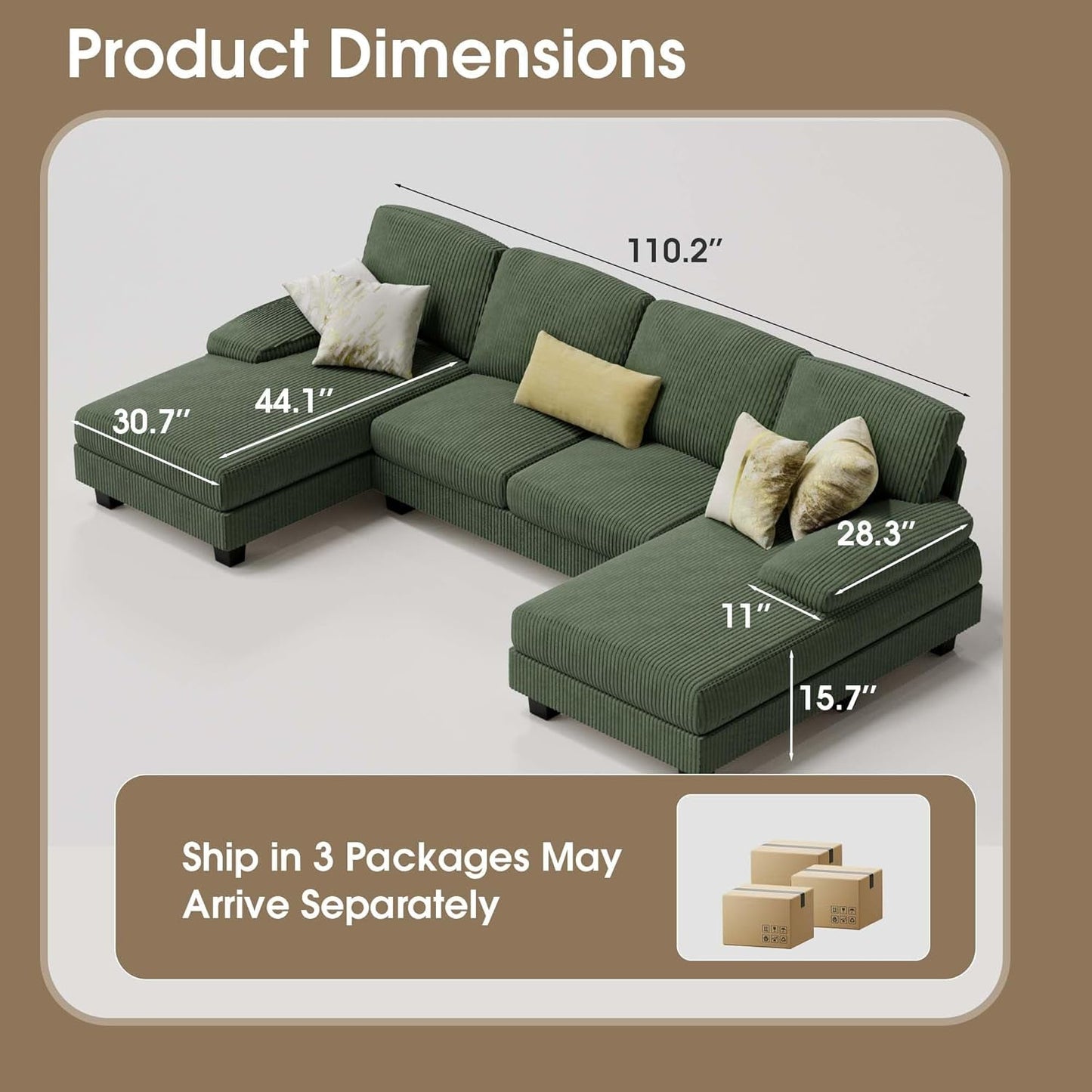 Dark Green Corduroy U Shaped Sectional Sofa 4 Seat Chaise