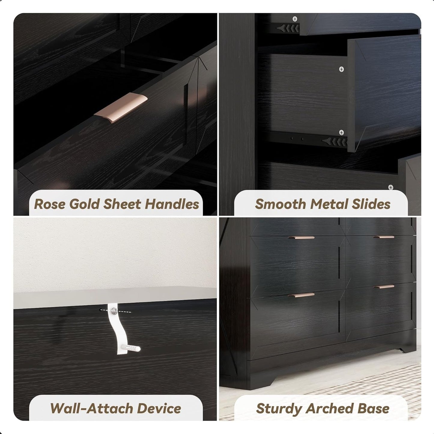 Contemporary Black 6 Drawer Dresser With SoftClosing