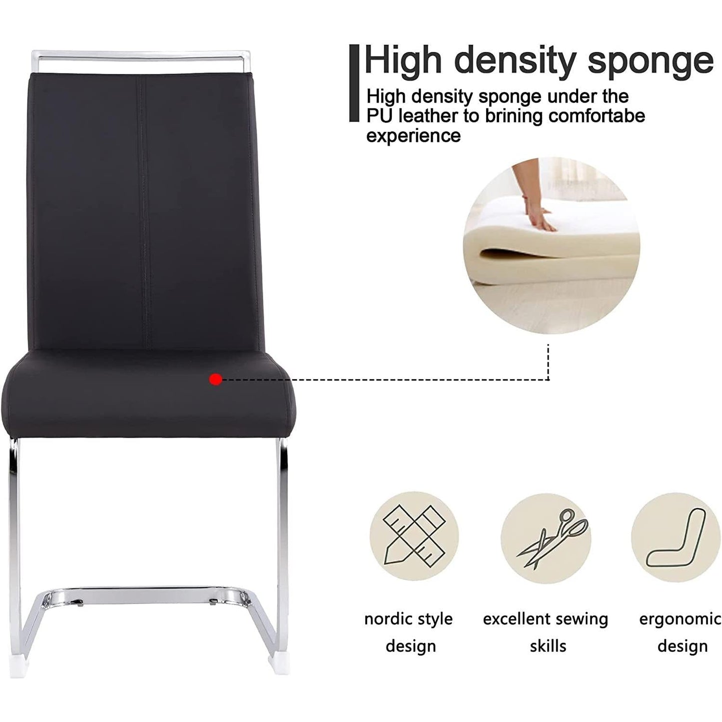 6 Piece Black PU Leather Dining Chairs With Metal Legs