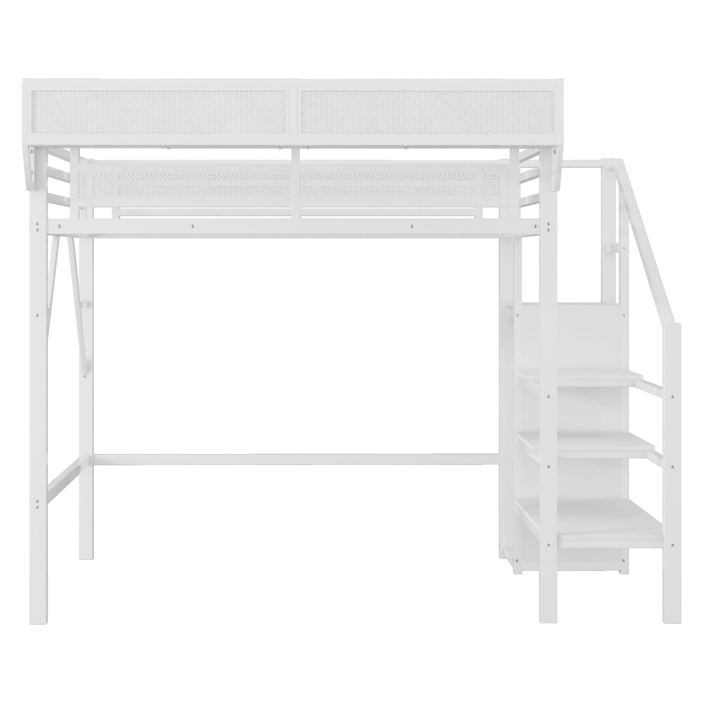 Twin XL Size Loft Bed with Stairs, Metal Full Loft Bed with Storage Shelves, High Loft Bed with Wardrobe for Kids Teens,White(Expect Arrival Date 2025/10/14)