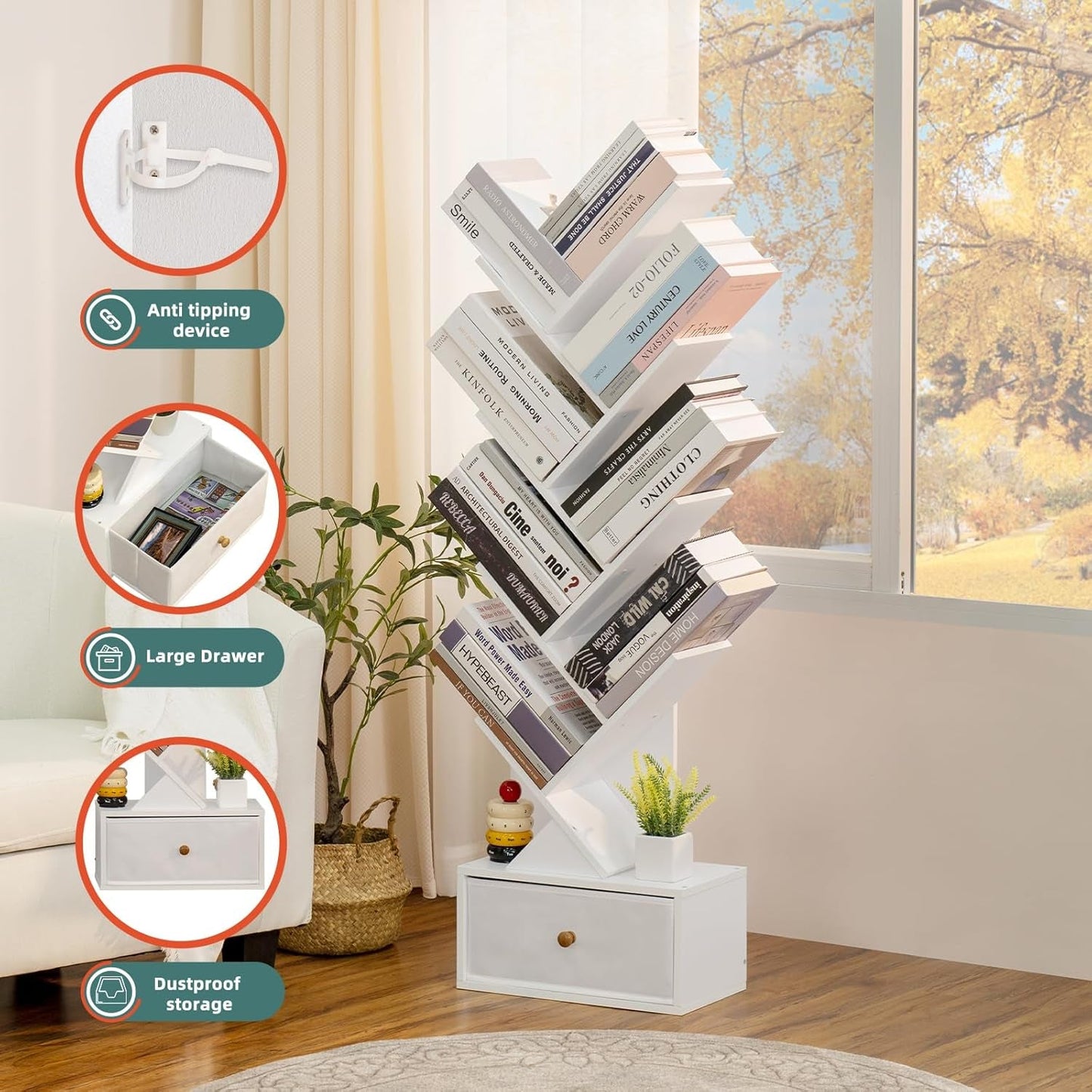 8 Tier Tree Bookshelf With Drawer White Wood Space Saving