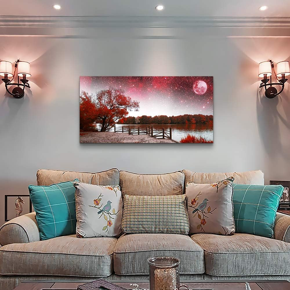 Stunning Red Tree and Moon Canvas Art - Exquisite Starry Sky Landscape Poster for Living Room & Bedroom Decor - Ready to Hang Wall Art for Your Home or Office