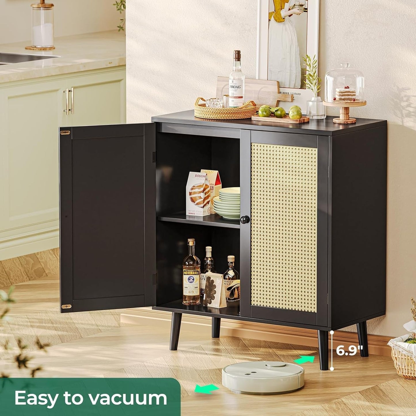 Buffet Cabinet With Black Finish And Rattan Doors Storage