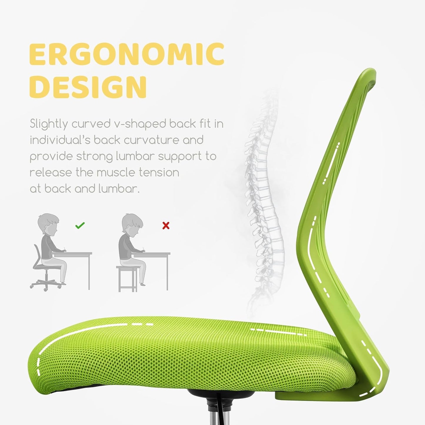 Kids Desk Chair Green Swivel Task Chair With Lumbar Support