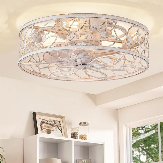 Decorative ceiling light fixture in a room with a bookshelf and window.