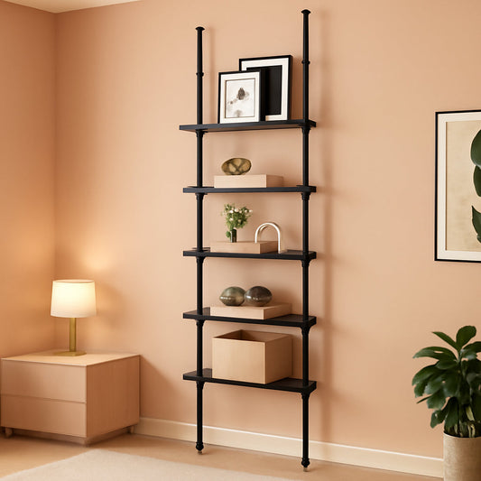5 Tier Narrow Ladder Bookshelf With Floor To Ceiling Mount