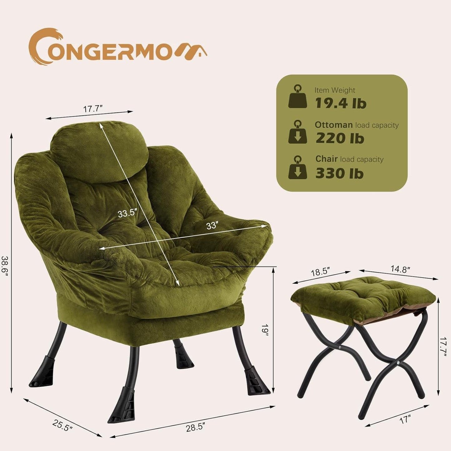 Plush Green Folding Ottoman Lounge Chair With Footrest