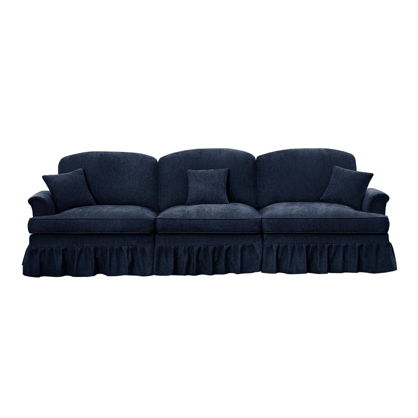 Elegant Mid Century Large 3 Seater Sofa Couch with Flared Arms and Removable Ruffles Pleats Skirts and Spindle Legs, Comfy Chenille Three-Seat Sofa for Living Room, Blue