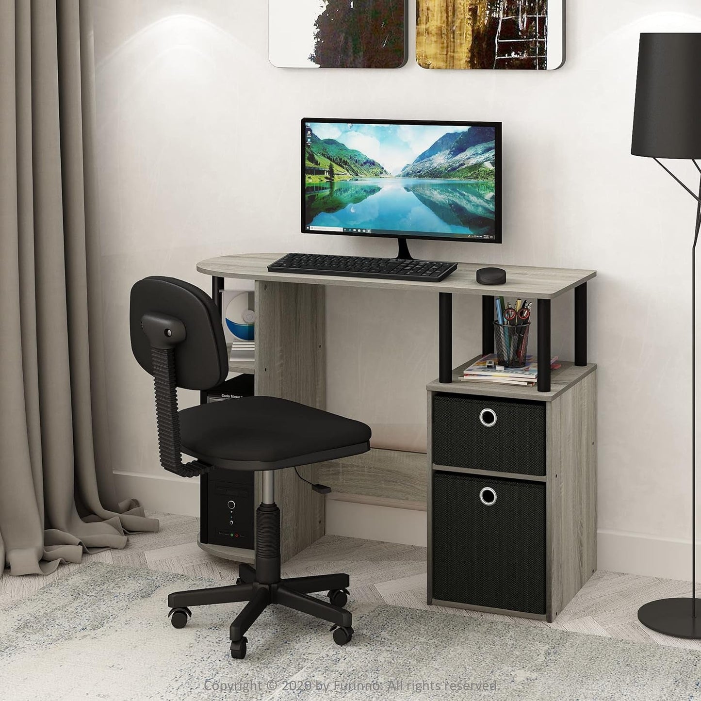 Jaya Simplistic Computer Desk CPU Shelf Oak Grey Black