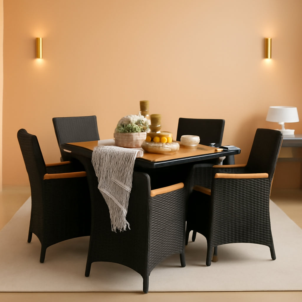 7 Piece Outdoor Patio Dining Set Black Rattan Chairs