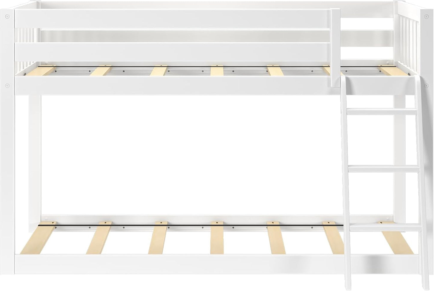 White Twin Low Bunk Bed Solid Wood Frame For Kids Safe