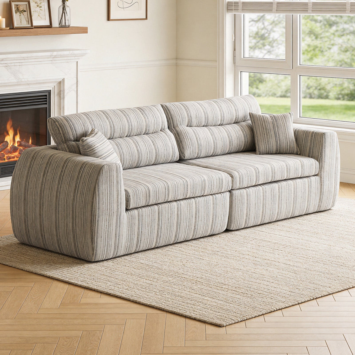 Chenille Stripe Fabric Compressed Sponge Sofa, 3-Seater