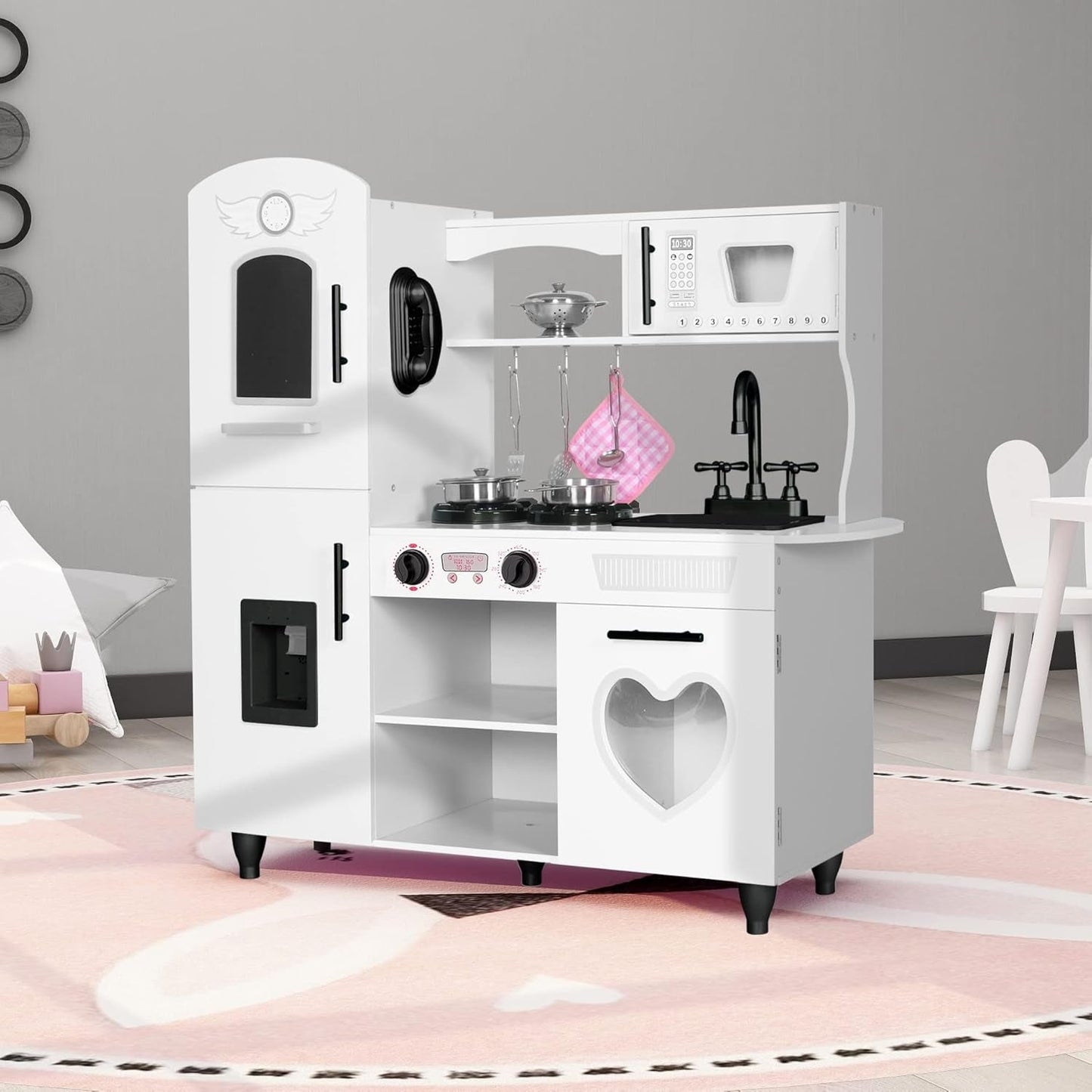 Wooden Kitchen Playset For Toddlers Featuring Lights