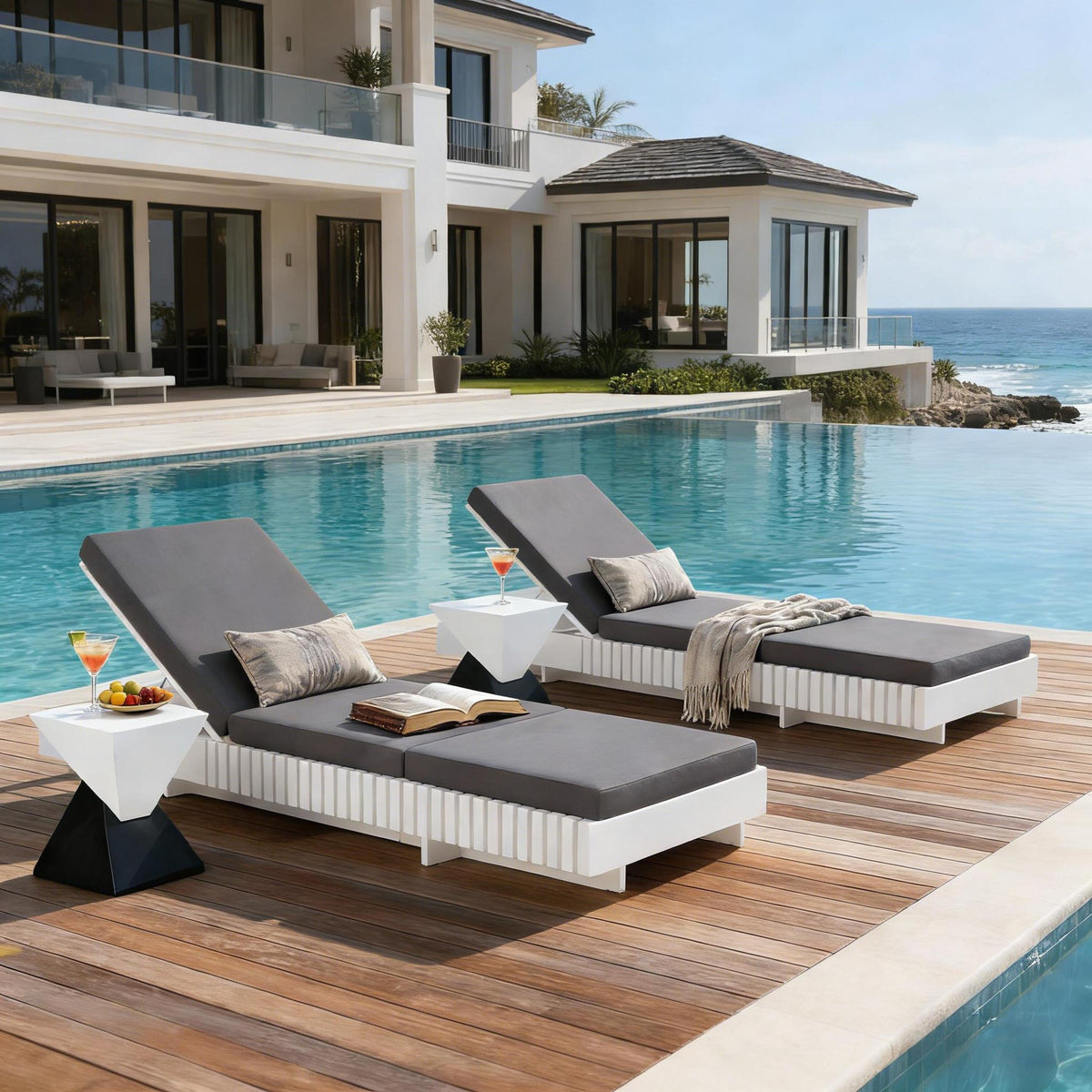White Acacia Solid Wood Outdoor Chaise Lounge with Dark Cushions