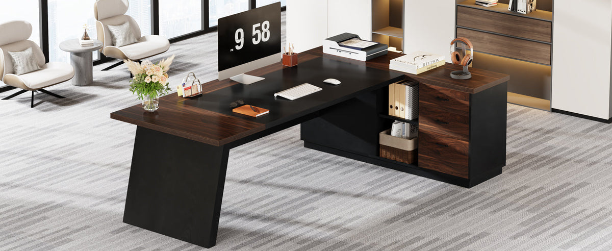 78.7" L-Shaped Executive Desk with File Cabinet & Drawers