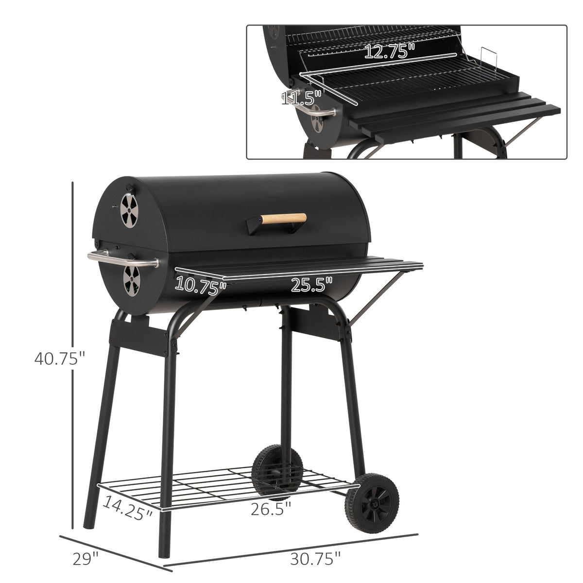 Outsunny 30" Portable Barrel BBQ Grill