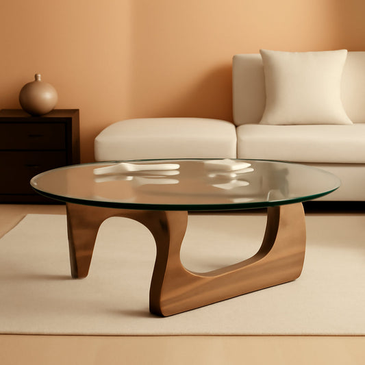 Walnut Clear Glass Oval Coffee Table Diameter 32.68 Inch