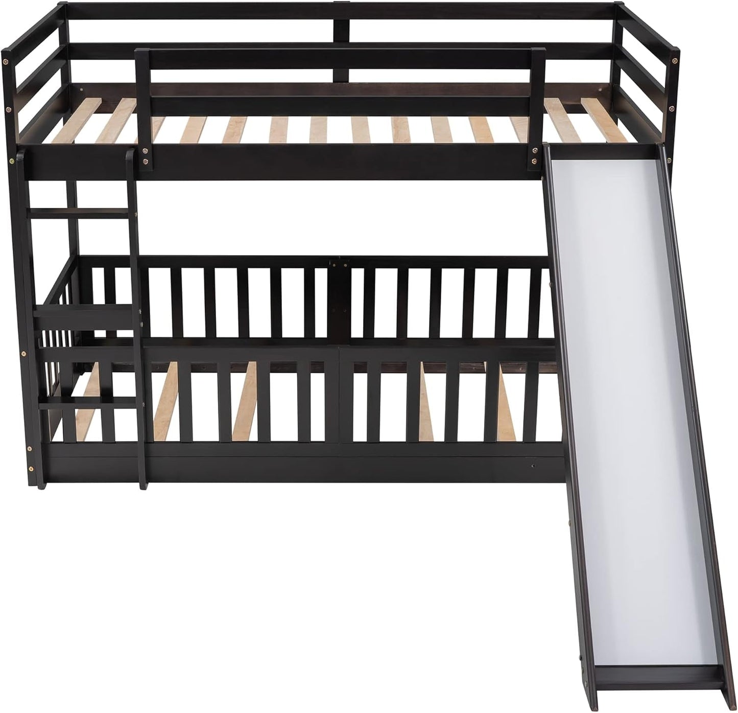 Twin Over Twin Floor Bunk Bed With Slide And Ladder