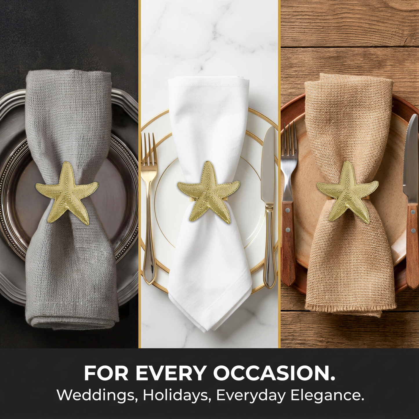 Gold Starfish Napkin Rings – Coastal Style Table Decor | Rust Resistant Dining Accessories