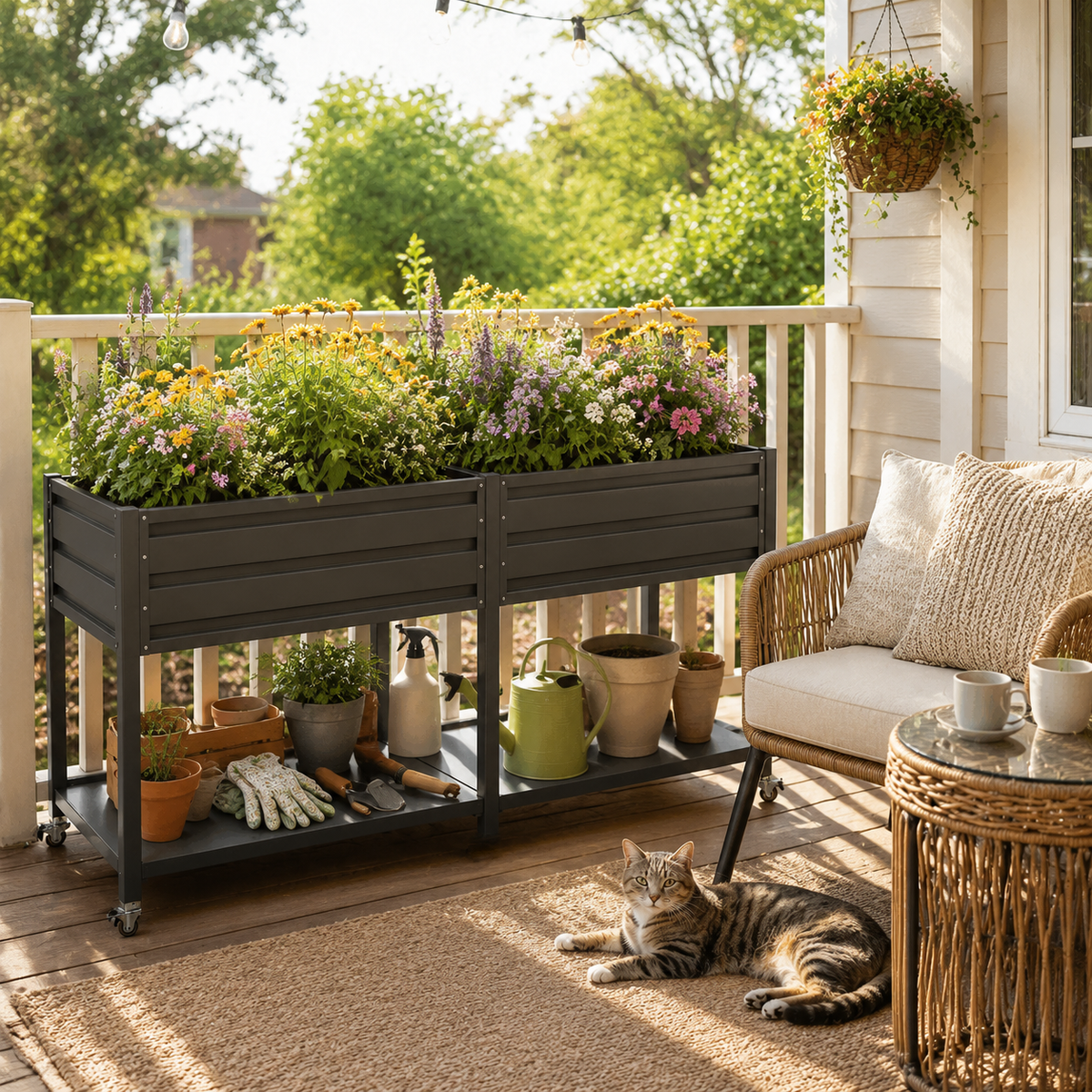 2-Tier Elevated Metal Wicking Garden Bed with Lockable Wheels