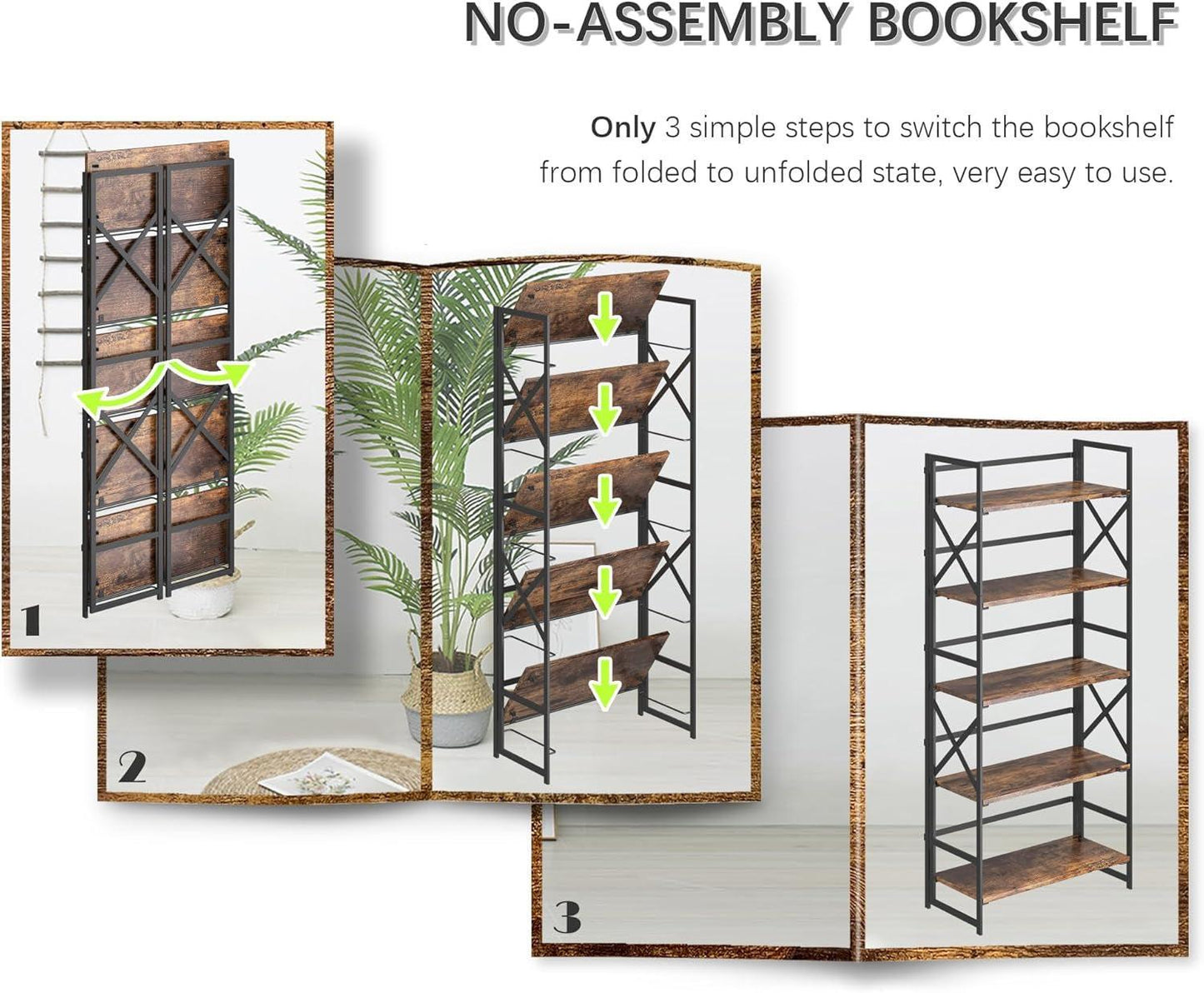 5 Tier Folding Bookshelf No Assembly Rustic Brown Storage