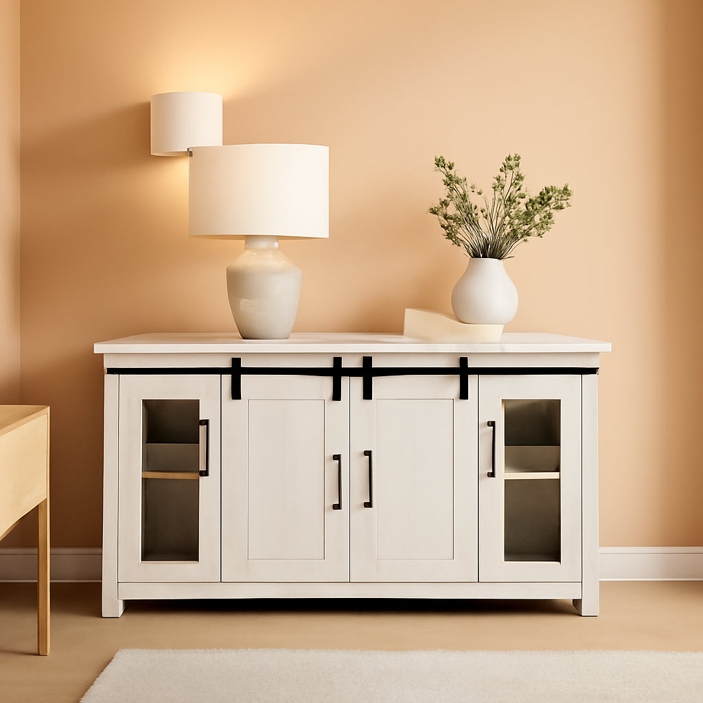 65 Inch Solid Wood TV Stand In Antique White With Storage