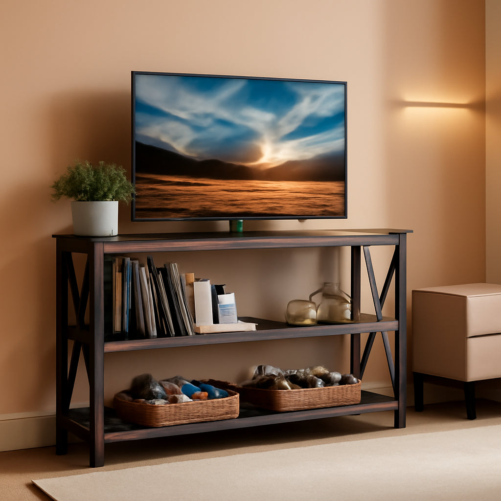 Rustic 47 Inch 3 Tier Sofa Console Table With Open Shelves