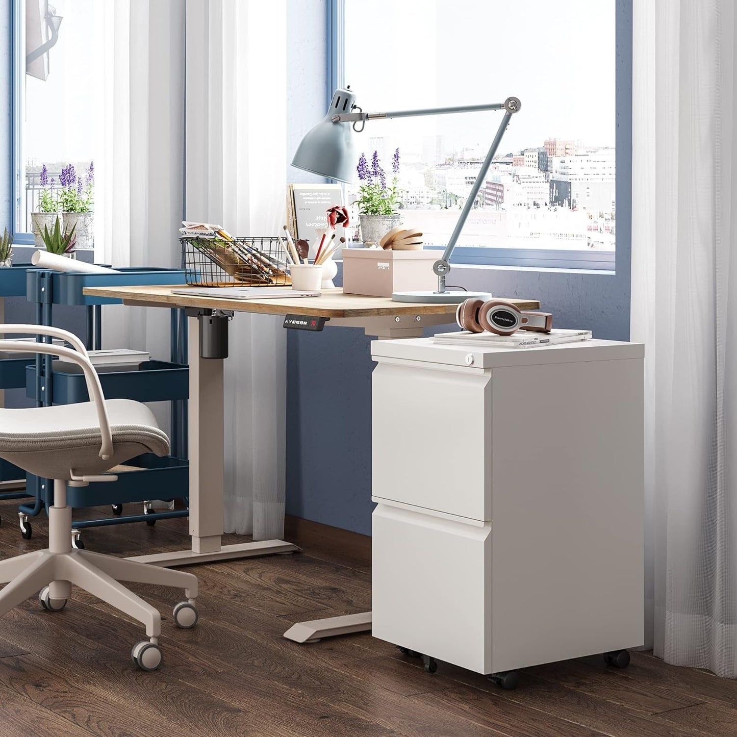 White Metal Mobile Filing Cabinet With Lock And Drawers