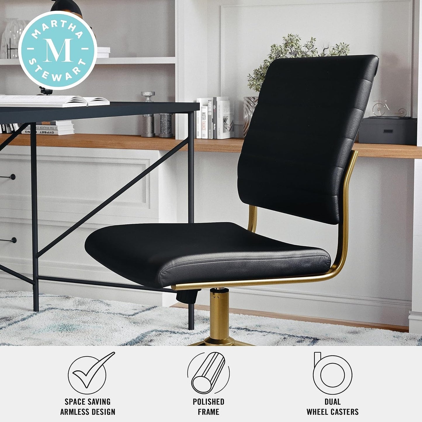 Armless Swivel Task Chair Black Faux Leather Brass Frame