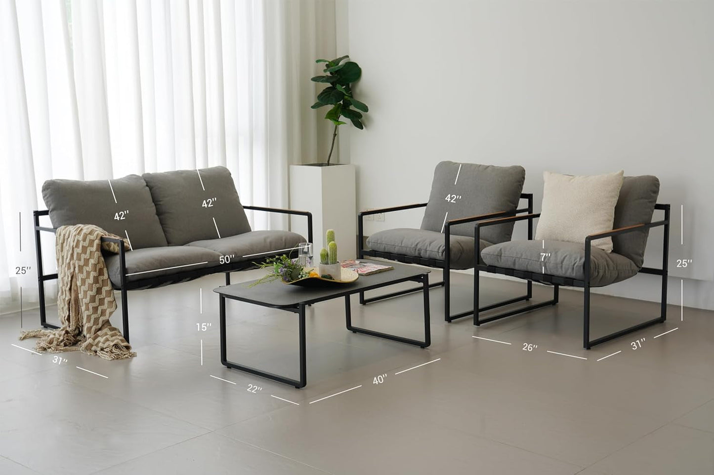 4 Piece Patio Outdoor Furniture Set With Modern Metal Sofa And Coffee Table