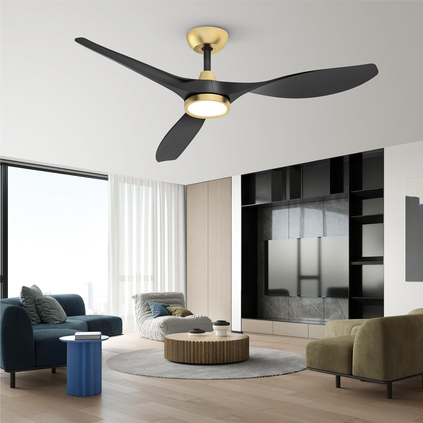 52 Inch Black Gold Indoor Ceiling Fan With LED Light in modern living room setting with stylish furnishings.