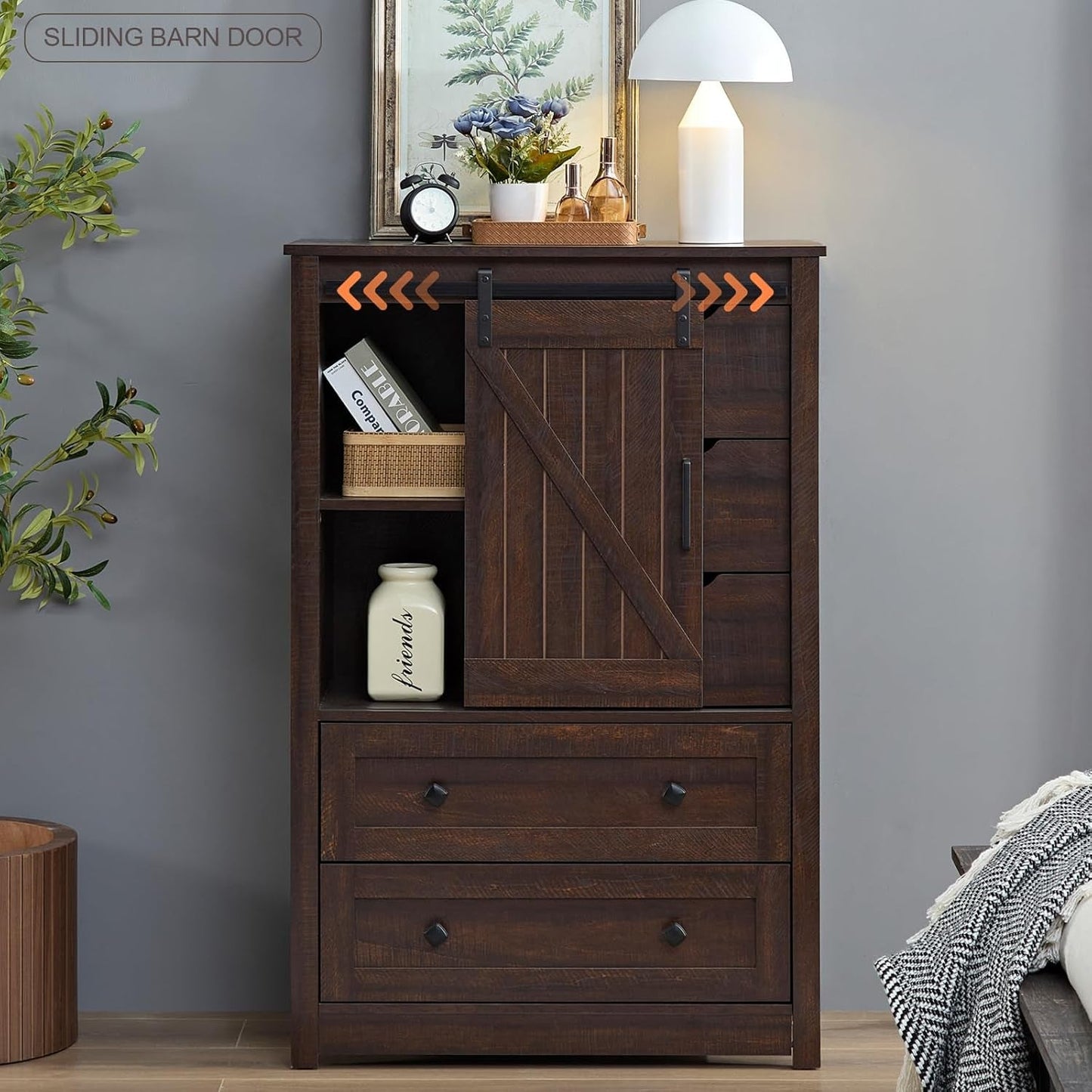 Espresso Dresser With FiveDrawers Sliding Barn Doors