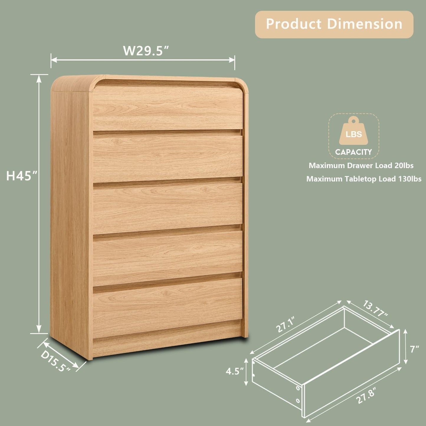 Vertical Dresser With Five Drawers In Natural Oakgrain