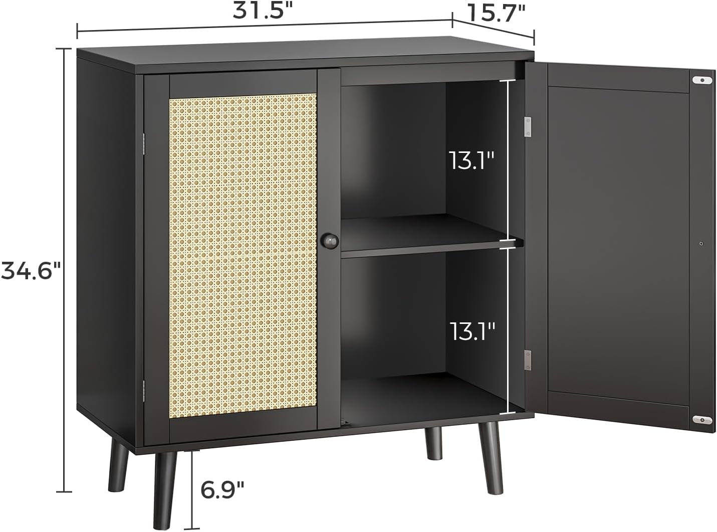 Buffet Cabinet With Black Finish And Rattan Doors Storage